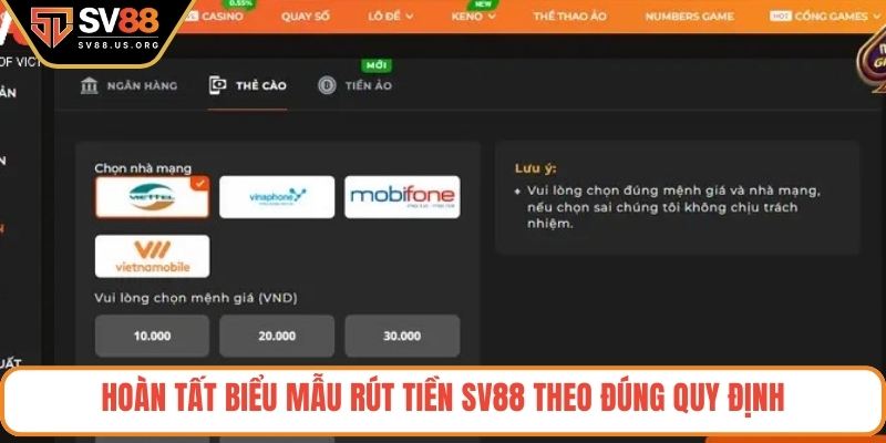 Hoàn tất biểu mẫu rút tiền SV88 theo đúng quy định